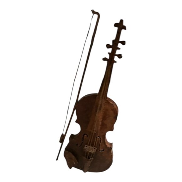 Rustic Vtg Violin Wall Art 21.5" Tall Bow Distressed Metal Design Musical Studio - Picture 9 of 9